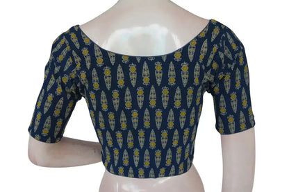 Navy Blue Color Ajrakh Boat Neck Cotton Readymade Blouse, Designer Blouse Online - D3blouses