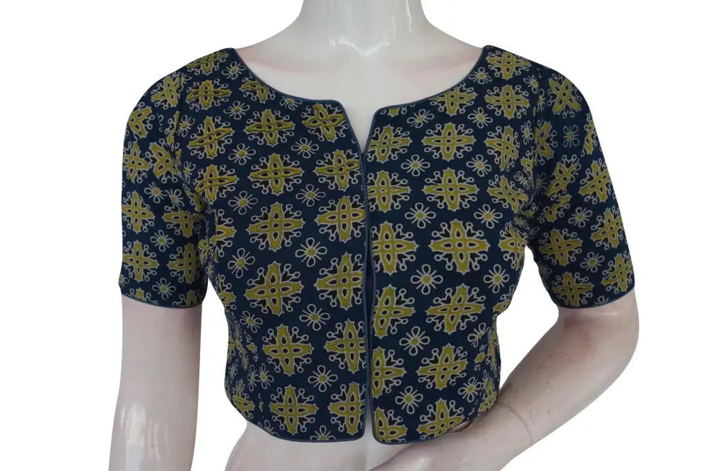 Navy Blue Color Ajrakh Boat Neck Cotton Readymade Blouse, Indian Designer Blouse - D3blouses