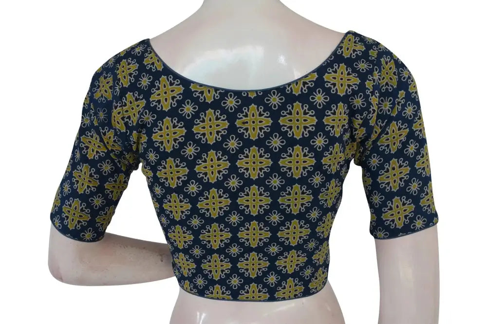 Navy Blue Color Ajrakh Boat Neck Cotton Readymade Blouse, Indian Designer Blouse - D3blouses