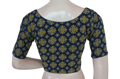 Navy Blue Color Ajrakh Boat Neck Cotton Readymade Blouse, Indian Designer Blouse - D3blouses
