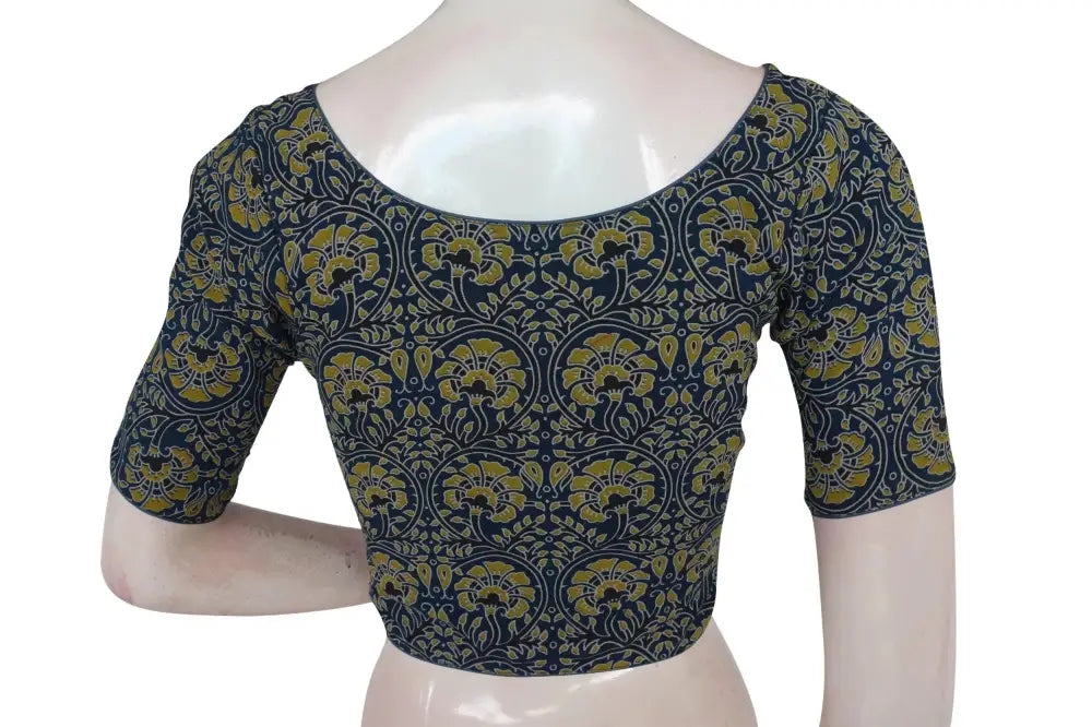 Navy Blue Color Ajrakh Boat Neck Cotton Readymade Blouse, Summer Collection Online - D3blouses