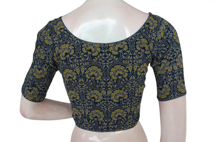 Navy Blue Color Ajrakh Boat Neck Cotton Readymade Blouse, Summer Collection Online - D3blouses