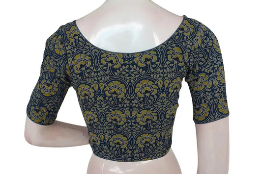 Navy Blue Color Ajrakh Boat Neck Cotton Readymade Blouse, Summer Collection Online - D3blouses