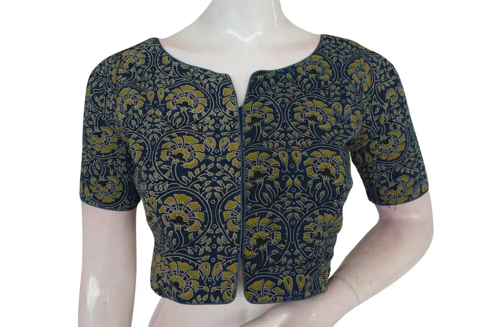 Navy Blue Color Ajrakh Boat Neck Cotton Readymade Blouse, Summer Collection Online - D3blouses
