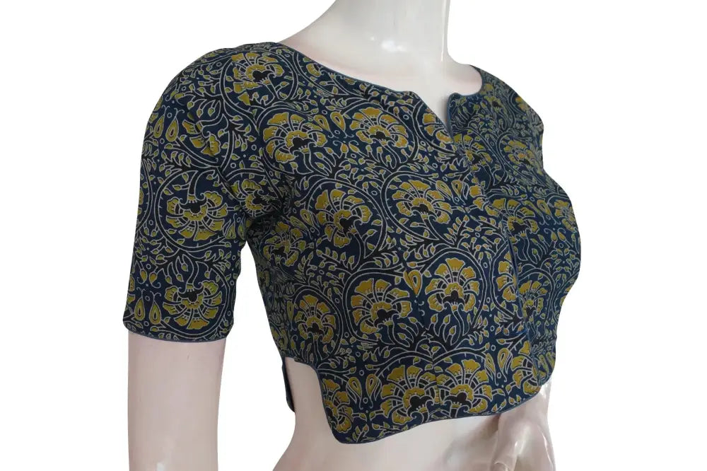 Navy Blue Color Ajrakh Boat Neck Cotton Readymade Blouse, Summer Collection Online - D3blouses