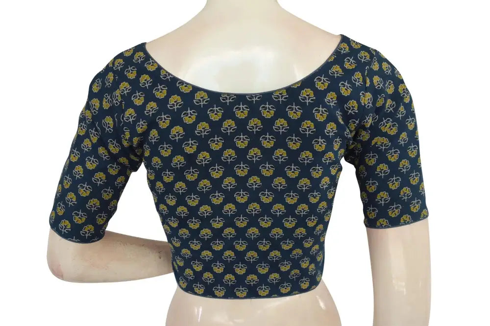 Navy Blue Color Ajrakh Boat Neck Cotton Readymade Blouse, Summer Wear for Sale - D3blouses
