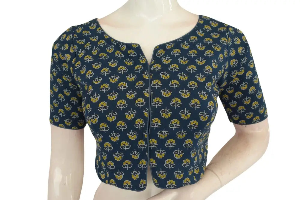 Navy Blue Color Ajrakh Boat Neck Cotton Readymade Blouse, Summer Wear for Sale - D3blouses