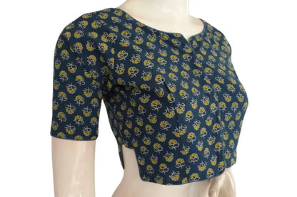 Navy Blue Color Ajrakh Boat Neck Cotton Readymade Blouse, Summer Wear for Sale - D3blouses