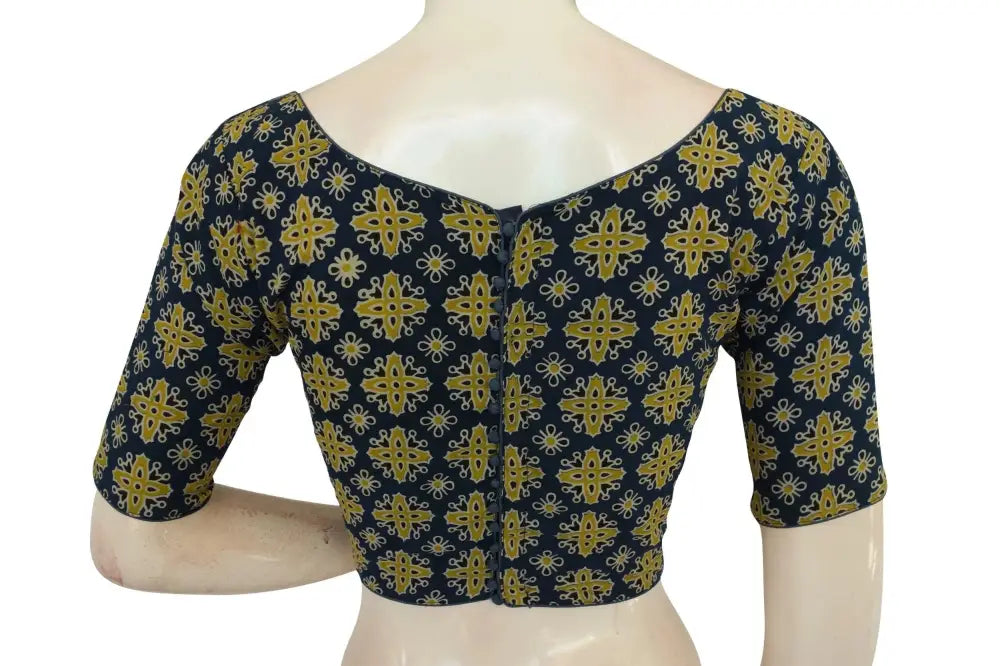 Navy Blue Color Ajrakh Cotton Boat Neck Saree Designer Blouse, Cotton Blouse Online - D3blouses