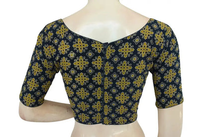 Navy Blue Color Ajrakh Cotton Boat Neck Saree Designer Blouse, Cotton Blouse Online - D3blouses