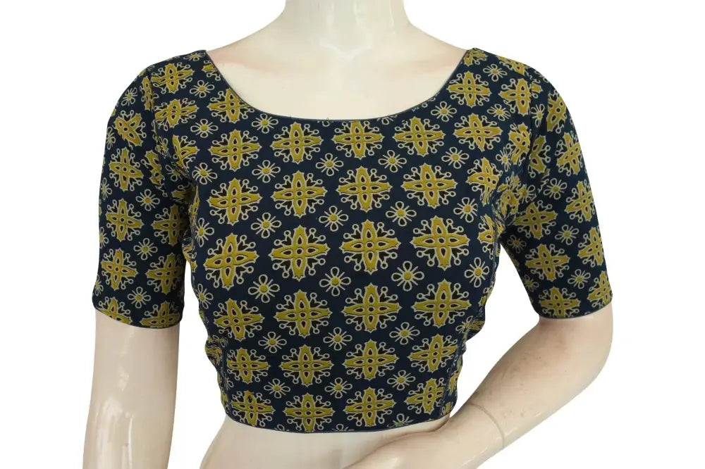 Navy Blue Color Ajrakh Cotton Boat Neck Saree Designer Blouse, Cotton Blouse Online - D3blouses