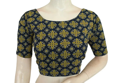Navy Blue Color Ajrakh Cotton Boat Neck Saree Designer Blouse, Cotton Blouse Online - D3blouses