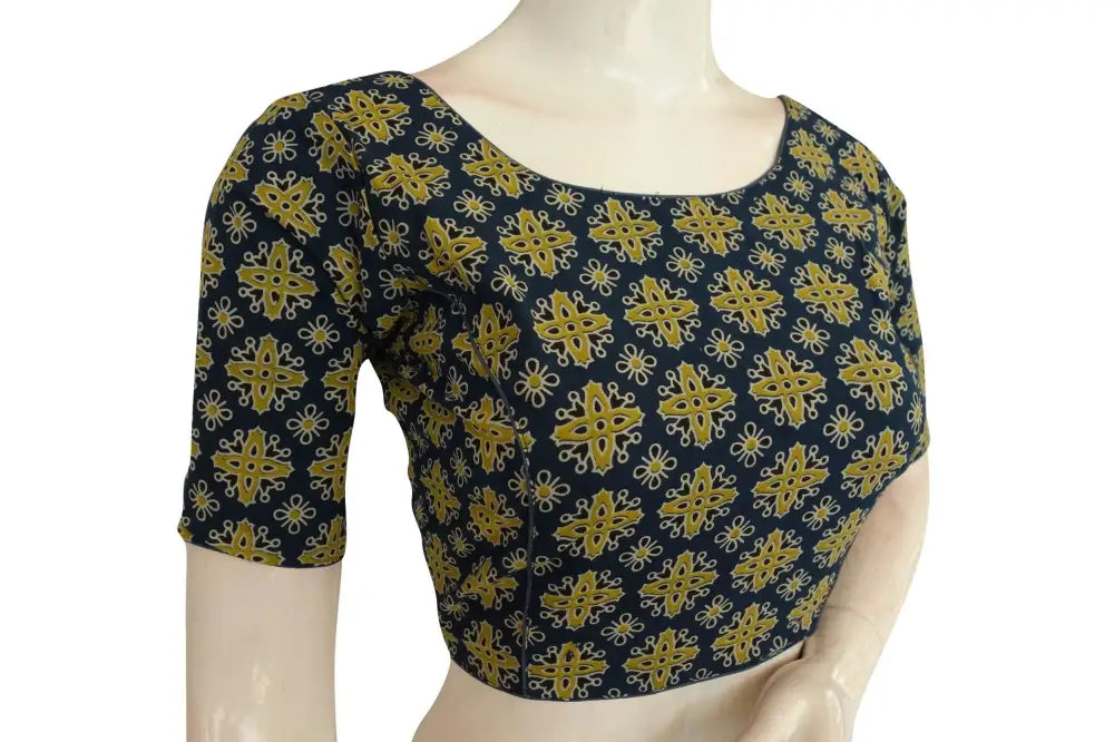 Navy Blue Color Ajrakh Cotton Boat Neck Saree Designer Blouse, Cotton Blouse Online - D3blouses