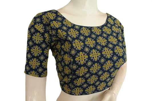 Navy Blue Color Ajrakh Cotton Boat Neck Saree Designer Blouse, Cotton Blouse Online - D3blouses