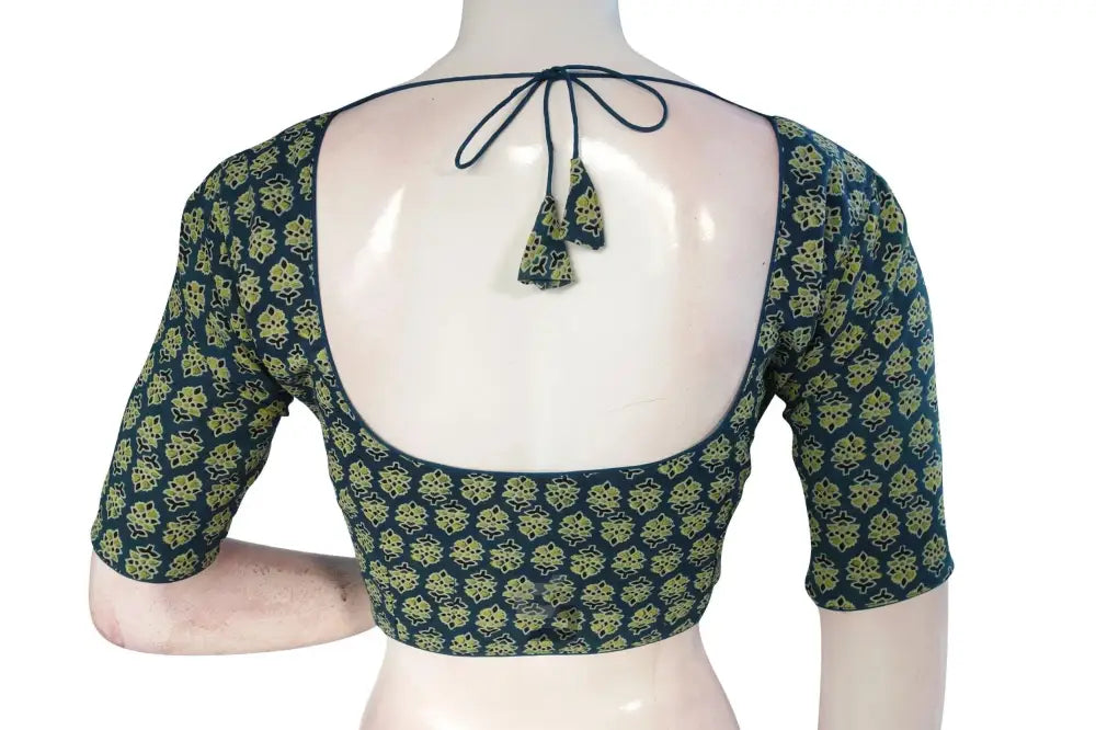 Navy Blue color Ajrakh Cotton Readymade Saree Blouse, Indian Cotton Choli Top - D3blouses
