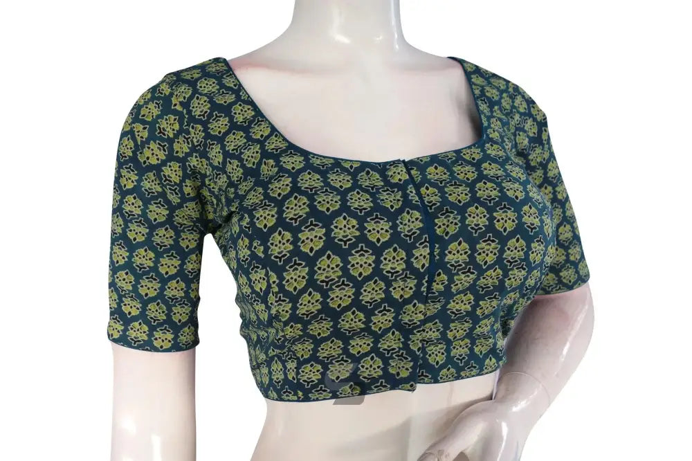 Navy Blue color Ajrakh Cotton Readymade Saree Blouse, Indian Cotton Choli Top - D3blouses
