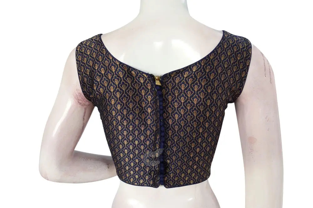 Navy Blue Color Brocade Boat Neck Designer Blouse - D3blouses