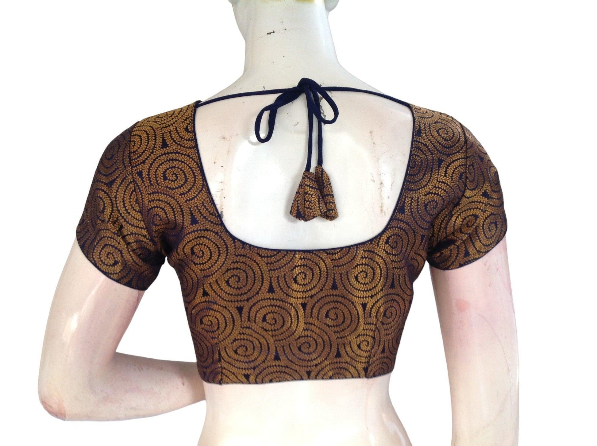 Navy Blue Color Brocade Readymade Saree Blouse, Indian Traditional Blouse - D3blouses