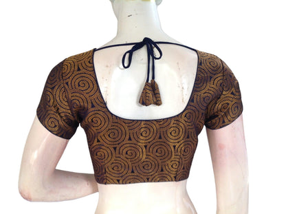 Navy Blue Color Brocade Readymade Saree Blouse, Indian Traditional Blouse - D3blouses