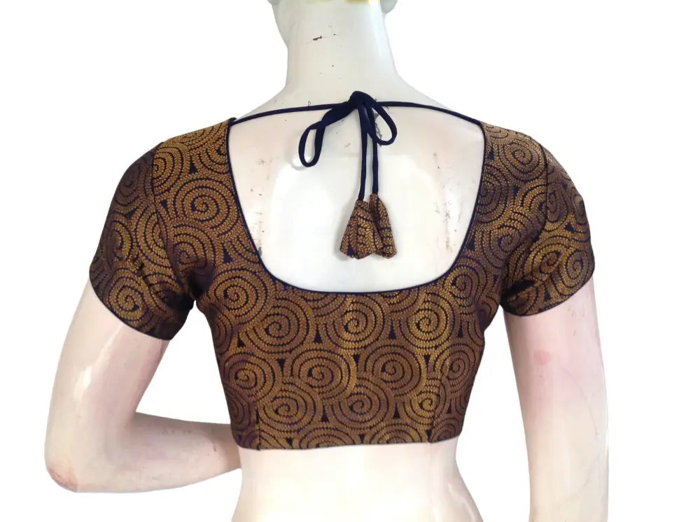 Navy Blue Color Brocade Readymade Saree Blouse, Indian Traditional Blouse - D3blouses