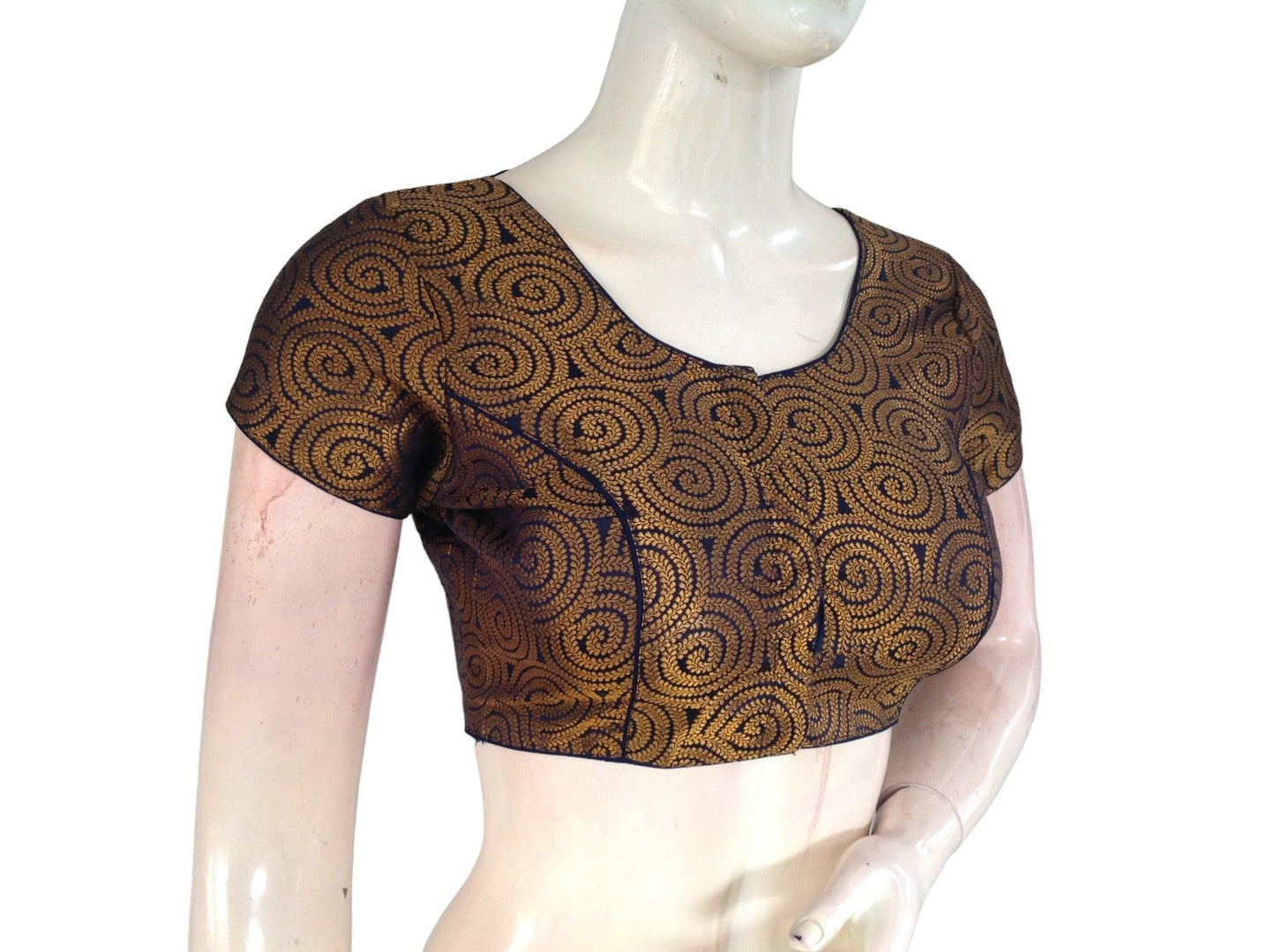 Navy Blue Color Brocade Readymade Saree Blouse, Indian Traditional Blouse - D3blouses