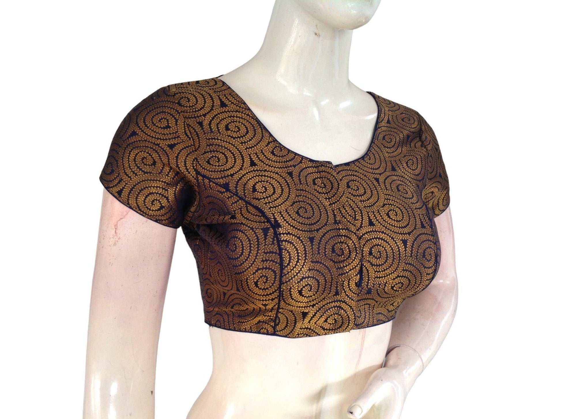 Navy Blue Color Brocade Readymade Saree Blouse, Indian Traditional Blouse - D3blouses