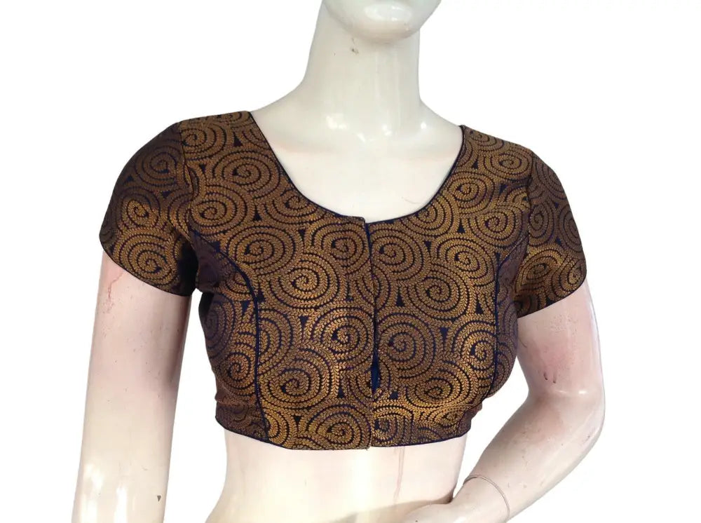 Navy Blue Color Brocade Readymade Saree Blouse, Indian Traditional Blouse - D3blouses