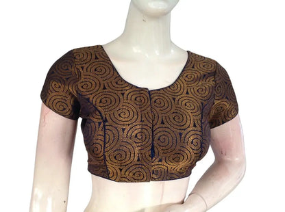 Navy Blue Color Brocade Readymade Saree Blouse, Indian Traditional Blouse - D3blouses