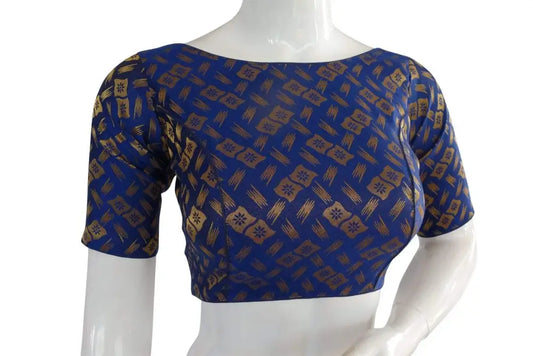 Navy Blue Color Brocade Silk Designer Boat Neck Ready-made saree blouse with Potli Button, Indian Silk saree Ready-made blouse - D3blouses