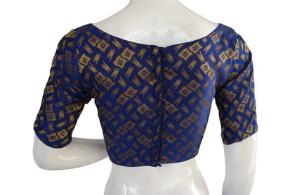 Navy Blue Color Brocade Silk Designer Boat Neck Ready-made saree blouse with Potli Button, Indian Silk saree Ready-made blouse - D3blouses