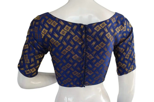 Navy Blue Color Brocade Silk Designer Boat Neck Ready-made saree blouse with Potli Button, Indian Silk saree Ready-made blouse - D3blouses