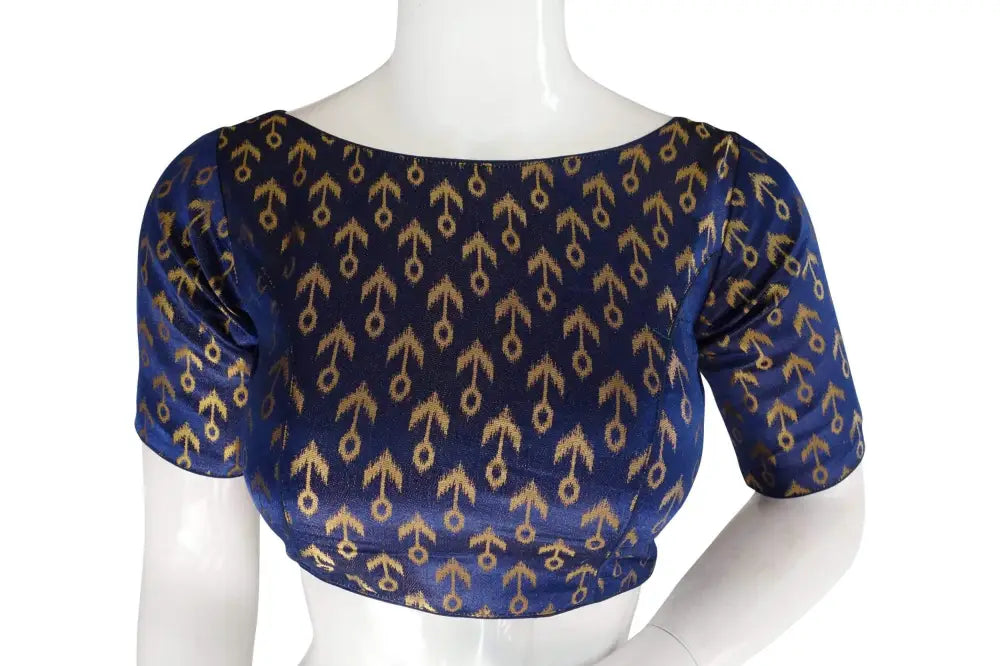 Navy Blue Color Brocade Silk Designer Boat Neck Readymade saree blouse with Potli Button - D3blouses