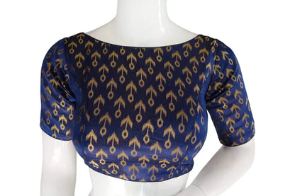 Navy Blue Color Brocade Silk Designer Boat Neck Readymade saree blouse with Potli Button - D3blouses