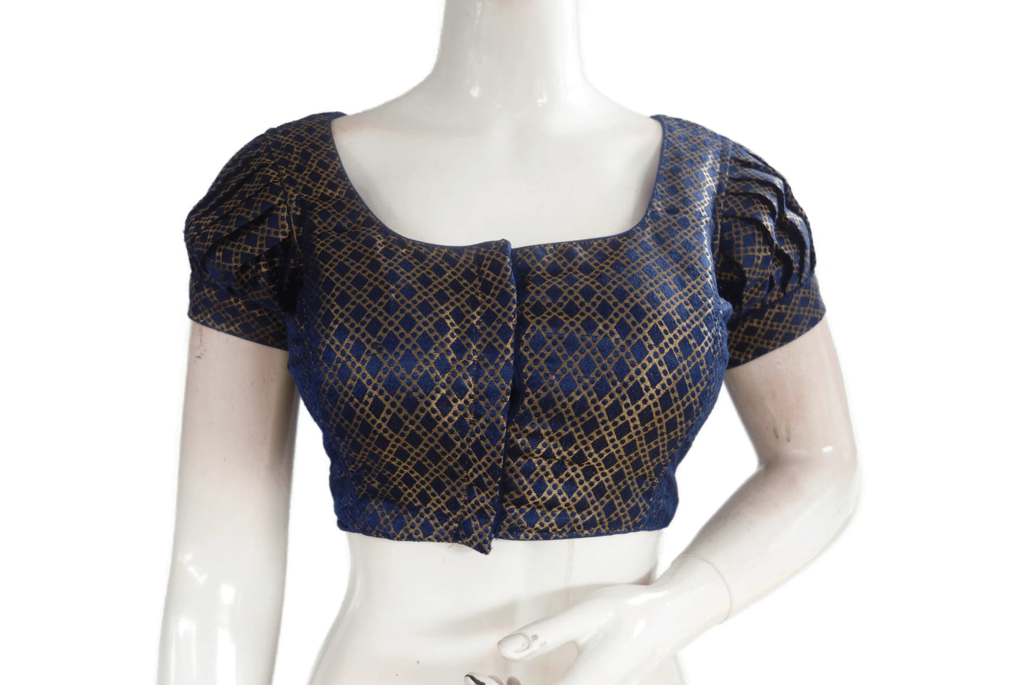 Navy Blue Color Brocade Silk Puff Sleeves Readymade Saree Blouse - D3blouses