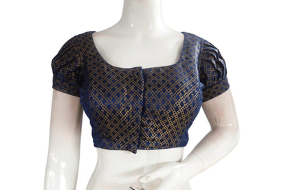 Navy Blue Color Brocade Silk Puff Sleeves Readymade Saree Blouse - D3blouses