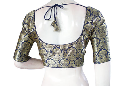 Navy Blue Color Brocade Silk Readymade Saree Blouse, Indian Readymade Blouse - D3blouses