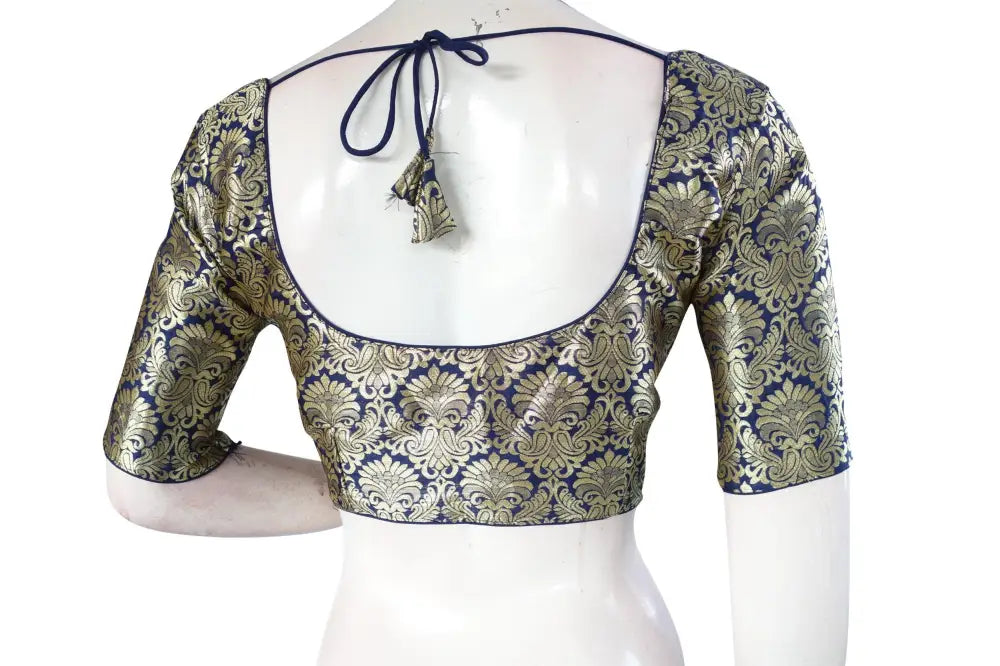 Navy Blue Color Brocade Silk Readymade Saree Blouse, Indian Readymade Blouse - D3blouses