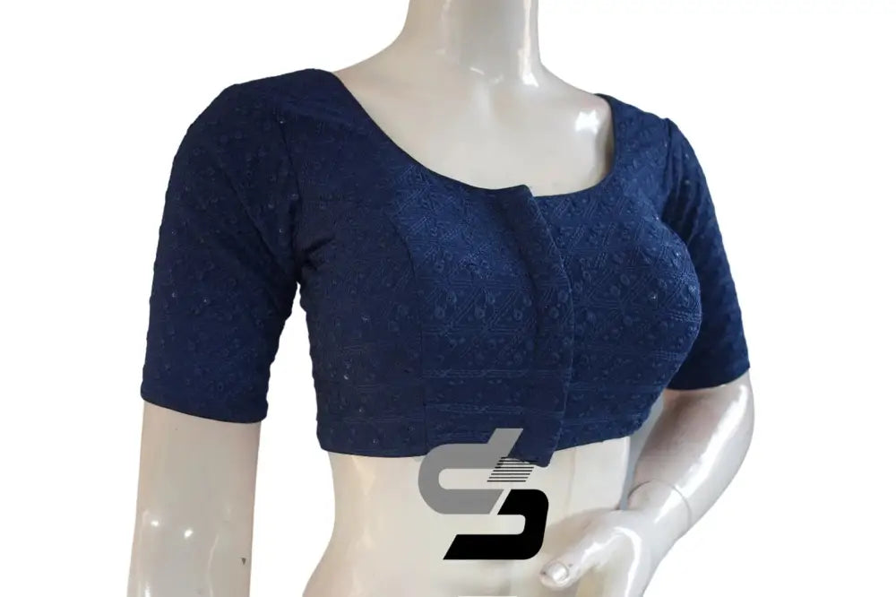 Navy Blue Color Chikankari Embroidery Readymade saree blouse - D3blouses