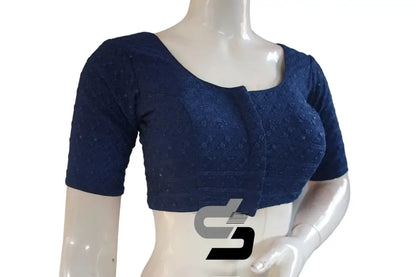 Navy Blue Color Chikankari Embroidery Readymade saree blouse - D3blouses