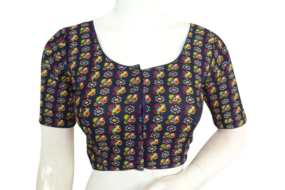 Navy Blue Color Cotton Printed Readymade Blouse From D3 Blouses - D3blouses