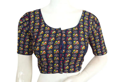 Navy Blue Color Cotton Printed Readymade Blouse From D3 Blouses - D3blouses