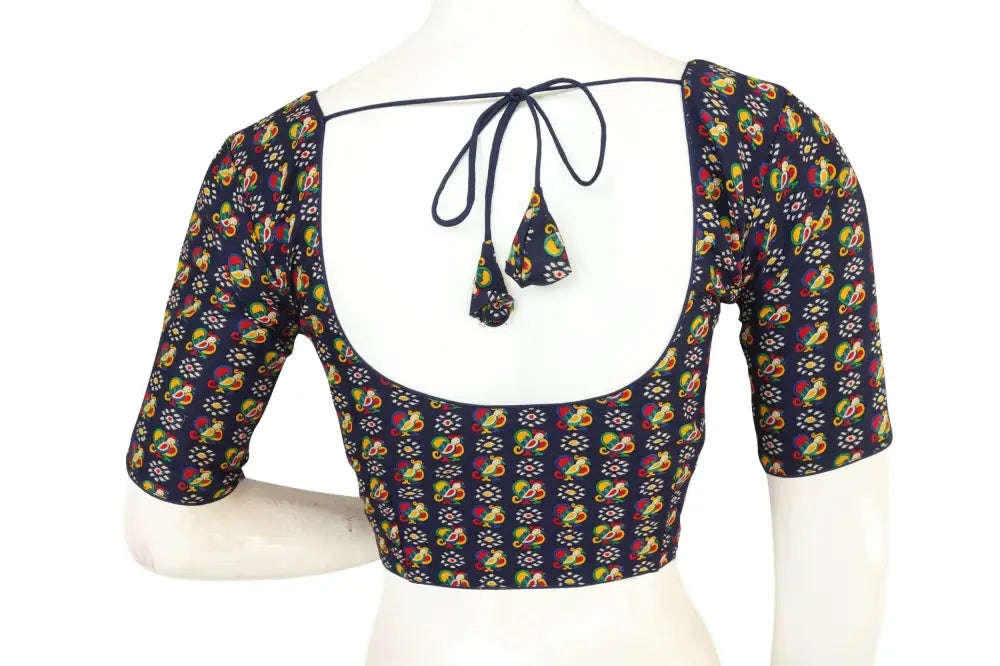 Navy Blue Color Cotton Printed Readymade Blouse From D3 Blouses - D3blouses