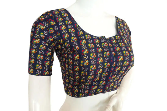 Navy Blue Color Cotton Printed Readymade Blouse From D3 Blouses - D3blouses