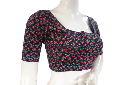Navy Blue Color Cotton Printed Readymade Saree Blouse - D3blouses