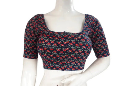 Navy Blue Color Cotton Printed Readymade Saree Blouse - D3blouses