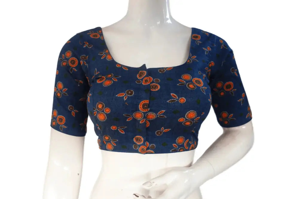 Navy Blue Color Cotton Printed Readymade Saree Blouse - D3blouses
