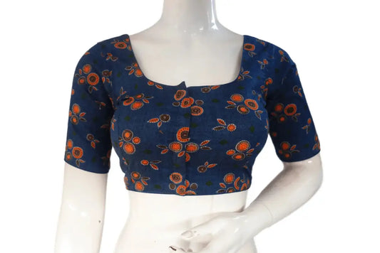 Navy Blue Color Cotton Printed Readymade Saree Blouse - D3blouses