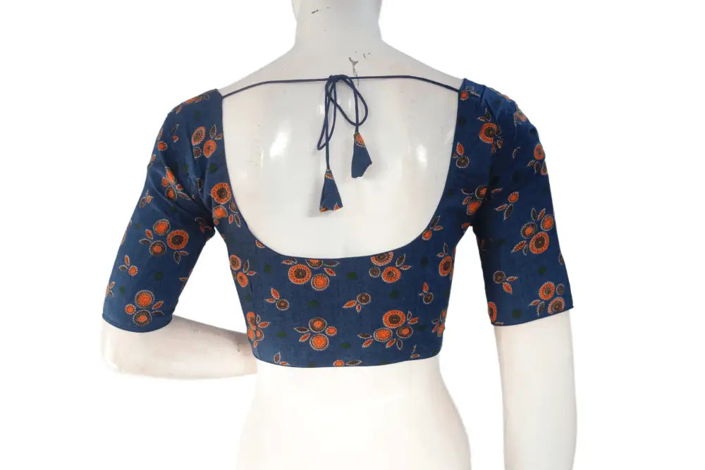 Navy Blue Color Cotton Printed Readymade Saree Blouse - D3blouses