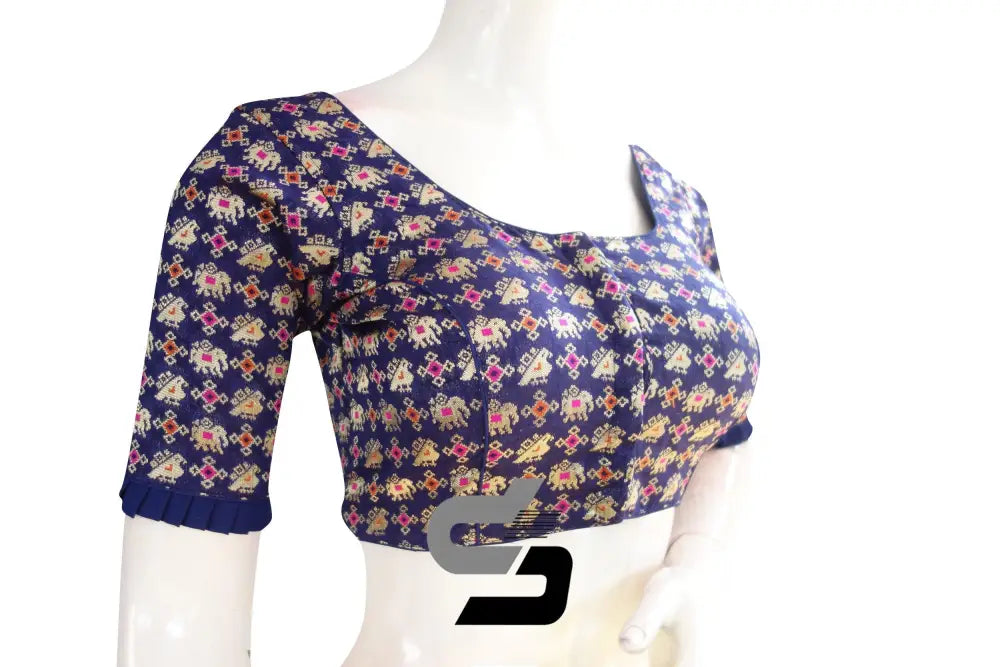 Navy Blue Color Designer Brocade Silk Readymade Blouse With Matching Mask - D3blouses