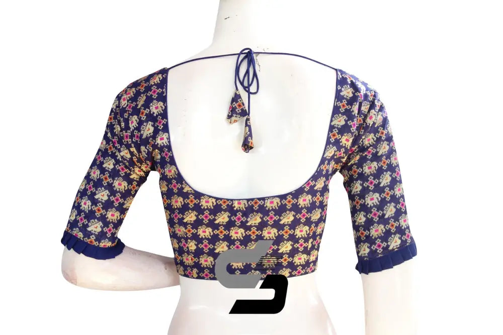 Navy Blue Color Designer Brocade Silk Readymade Blouse With Matching Mask - D3blouses